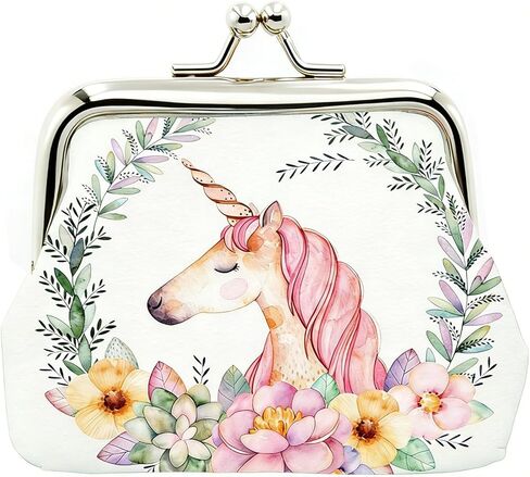 Cute Floral PU Leather Small Coin Purse Vintage Kiss-Lock Change Wallet Card Cases for Women Girl (Unicorn White) in Saudi Arabia