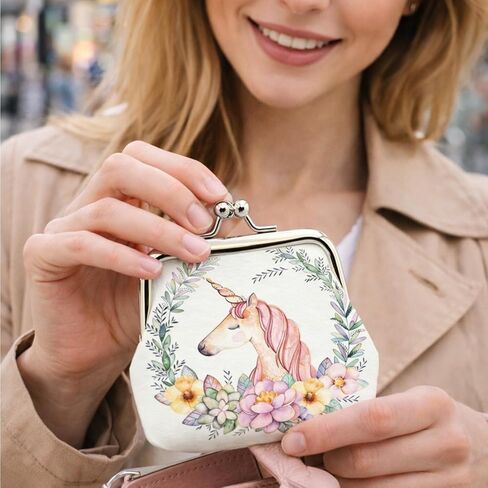 Cute Floral PU Leather Small Coin Purse Vintage Kiss-Lock Change Wallet Card Cases for Women Girl (Unicorn White) in Saudi Arabia