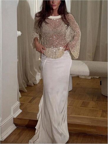 MakeMeChic Women's Sequin Bell Sleeve Crochet Sweater Crew Neck Shiny Y2K Cover Up Tops in Saudi Arabia