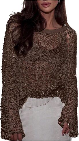 MakeMeChic Women's Sequin Bell Sleeve Crochet Sweater Crew Neck Shiny Y2K Cover Up Tops in Saudi Arabia