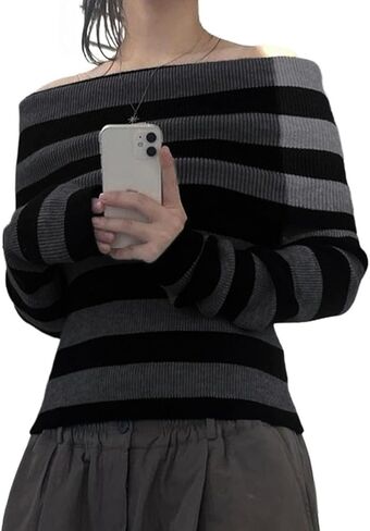 سترة نسائية مخططة مكشوفة الكتف Y2k ملابس جمالية الجرونج عتيقة مشهد إيمو بديل ملابس الشارع الشهير ملابس علوية منسوجة على الطراز القوطي البانك in Kuwait