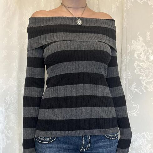 Women Striped Off Shoulder Sweater Y2k Grunge Aesthetic Clothes Vintage Alt Emo Scene Streetwear Punk Goth Knit Tops in Saudi Arabia