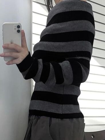 Women Striped Off Shoulder Sweater Y2k Grunge Aesthetic Clothes Vintage Alt Emo Scene Streetwear Punk Goth Knit Tops in Saudi Arabia