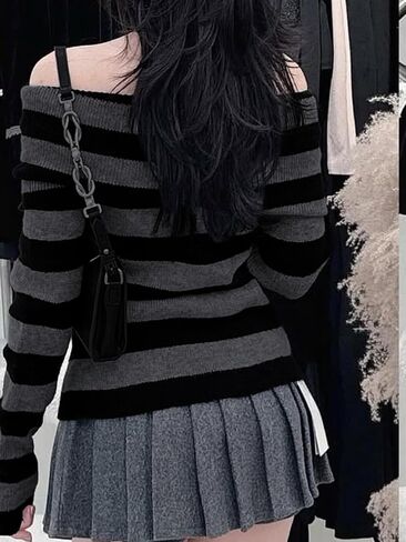 Women Striped Off Shoulder Sweater Y2k Grunge Aesthetic Clothes Vintage Alt Emo Scene Streetwear Punk Goth Knit Tops in Saudi Arabia
