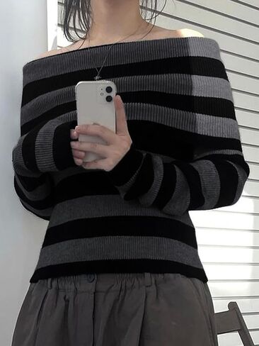 Women Striped Off Shoulder Sweater Y2k Grunge Aesthetic Clothes Vintage Alt Emo Scene Streetwear Punk Goth Knit Tops in Saudi Arabia