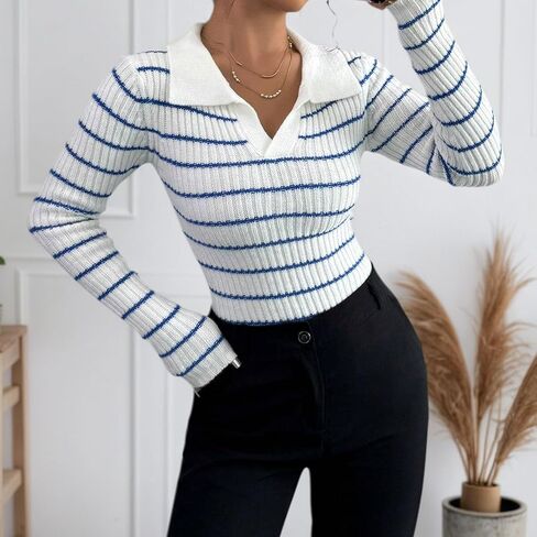 Womens Striped Polo V Neck Sweater Long Sleeve Slim Fit Trendy Fall Winter Fashion Pullover Sweaters Knit Top in Saudi Arabia