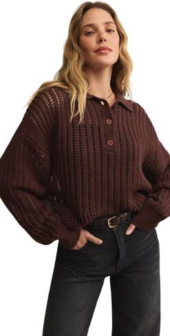 Z SUPPLY Women's Looking Glass Crochet Polo Sweater, Sandalwood in Saudi Arabia