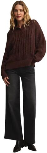 Z SUPPLY Women's Looking Glass Crochet Polo Sweater, Sandalwood in Saudi Arabia