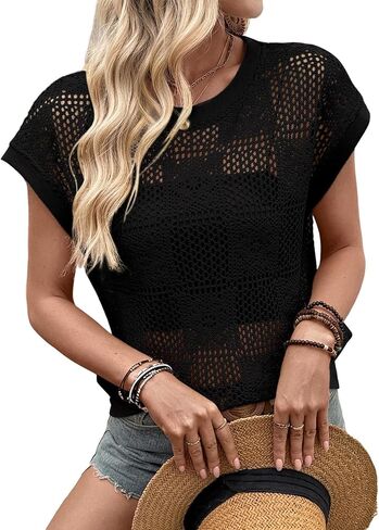Dokotoo Womens Summer Crochet Tops Cap Sleeve Hollow Out Resort Wear Sweaters Lightweight Beach Vacation Clothes in Saudi Arabia