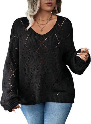 Women's Plus Size Hollow Out Pullover Sweaters Long Sleeve Lightweight Loose Casual Top Knitwear in Saudi Arabia