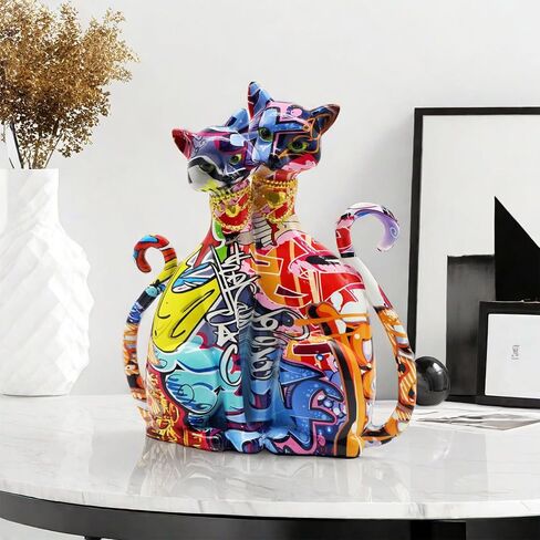 Graffiti Egyptian Cat Statue Kitty Sculpture Animal Art Figurine Home Decor Decoration for Living Room Bedroom Book Shelf Cabinet Desk Table Top Centerpieces Ornaments (Multi A) in Saudi Arabia