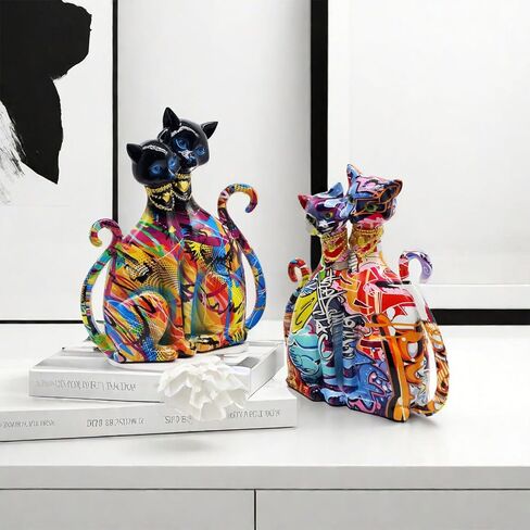 Graffiti Egyptian Cat Statue Kitty Sculpture Animal Art Figurine Home Decor Decoration for Living Room Bedroom Book Shelf Cabinet Desk Table Top Centerpieces Ornaments (Multi A) in Saudi Arabia