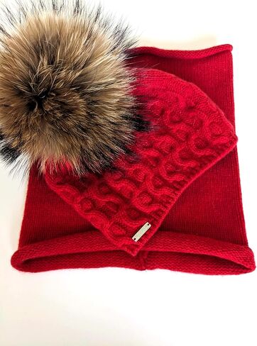 Frost Hats 50% Cashmere 50% Merino Blend Cable Hat with Detachable Genuine Raccoon Fur Pom in Saudi Arabia