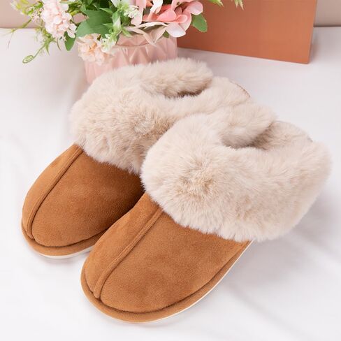 Women's Fuzzy House Slippers Cozy Faux Fur Bedroom Shoes Winter Warm Memory Foam Anti-Skid Slippers for Indoor Outdoor in Saudi Arabia