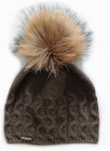 Frost Hats 50% Cashmere 50% Merino Blend Cable Hat with Detachable Genuine Raccoon Fur Pom in Saudi Arabia