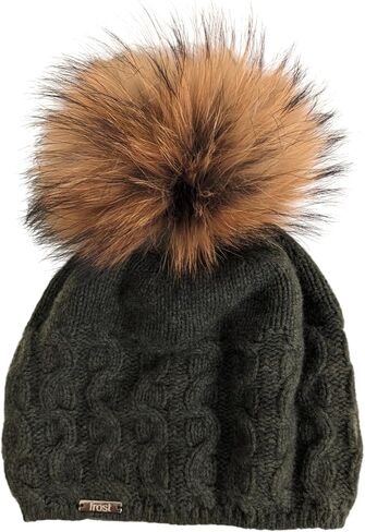 Frost Hats 50% Cashmere 50% Merino Blend Cable Hat with Detachable Genuine Raccoon Fur Pom in Saudi Arabia