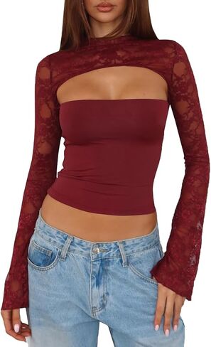 Women Lace Going Out Tops Sheer Y2k Long Sleeve Cutout Cute Tube Top and Shrug Set in Saudi Arabia