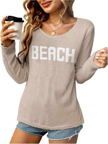 COZYEASE Women's Beach Cover Up Letter Print Long Sleeve Sweater Crew Neck Split Hem Crochet Jumper Top in Kuwait
