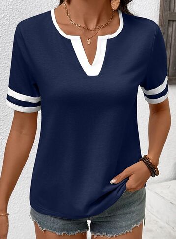 SHEWIN Women's Summer Tops V Neck Short Sleeve T-Shirts Colorblock Casual Tees 2026 Clothes in Saudi Arabia