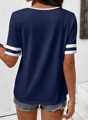 SHEWIN Women's Summer Tops V Neck Short Sleeve T-Shirts Colorblock Casual Tees 2026 Clothes in Saudi Arabia