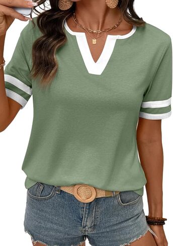 SHEWIN Women's Summer Tops V Neck Short Sleeve T-Shirts Colorblock Casual Tees 2026 Clothes in Saudi Arabia