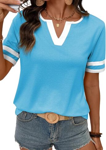 SHEWIN Women's Summer Tops V Neck Short Sleeve T-Shirts Colorblock Casual Tees 2026 Clothes in Saudi Arabia