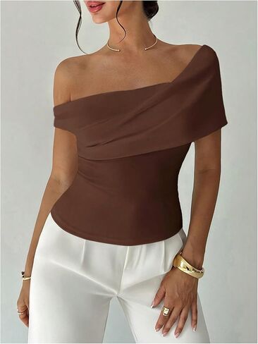 Floerns Women's Elegant Off The Shoulder Tops Short Sleeve Ruched Business Casual T Shirts in Saudi Arabia