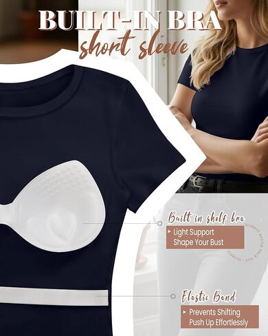 المرأة المدمج في الصدرية قمصان قصيرة الأكمام Crewneck عادية الأساسية تي شيرت سليم صالح القمم الخروج الصيف تيز in Kuwait