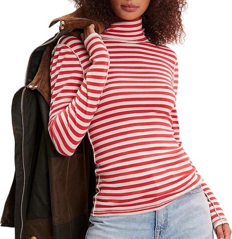 Womens Long Sleeve Rainbow Striped Turtleneck Slim Fit Shirt Y2k Cute Going Out Streetwear Stretchy Crop Tops in Saudi Arabia