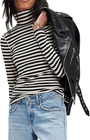 Womens Long Sleeve Rainbow Striped Turtleneck Slim Fit Shirt Y2k Cute Going Out Streetwear Stretchy Crop Tops in Saudi Arabia