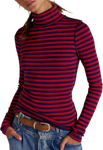 Womens Long Sleeve Rainbow Striped Turtleneck Slim Fit Shirt Y2k Cute Going Out Streetwear Stretchy Crop Tops in Saudi Arabia