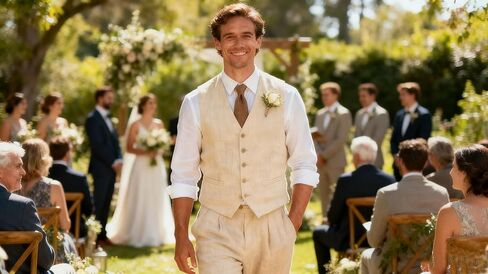 Bofan Linen Mens Suit Vest Beach Wedding Waistcoat Summer Casual Men Groomsmen Dress Vest in Saudi Arabia