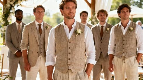 Bofan Linen Mens Suit Vest Beach Wedding Waistcoat Summer Casual Men Groomsmen Dress Vest in Saudi Arabia