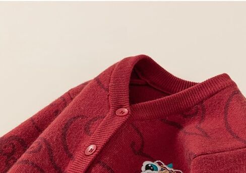 Baby Boys and Girls Red Knitted Cardigan Sweater with Chinese Cloud and Lion Dance Motifs Lucky Chinese Style Clothing in Saudi Arabia