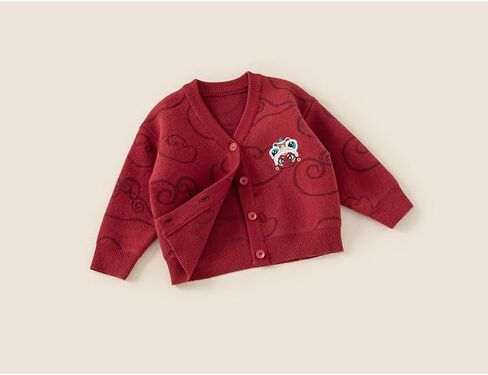 Baby Boys and Girls Red Knitted Cardigan Sweater with Chinese Cloud and Lion Dance Motifs Lucky Chinese Style Clothing in Saudi Arabia