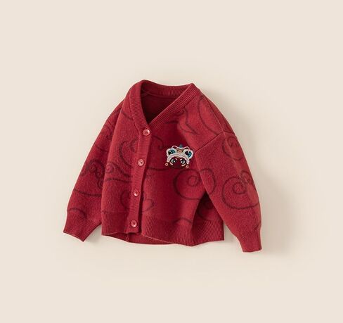 Baby Boys and Girls Red Knitted Cardigan Sweater with Chinese Cloud and Lion Dance Motifs Lucky Chinese Style Clothing in Saudi Arabia