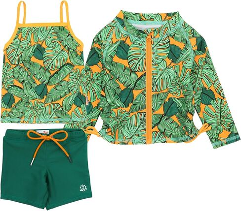 SwimZip Girls' 3 Pc Swim Set w/Long Sleeve Rash Guard, Tankini & Shorts UPF 50+ in Kuwait