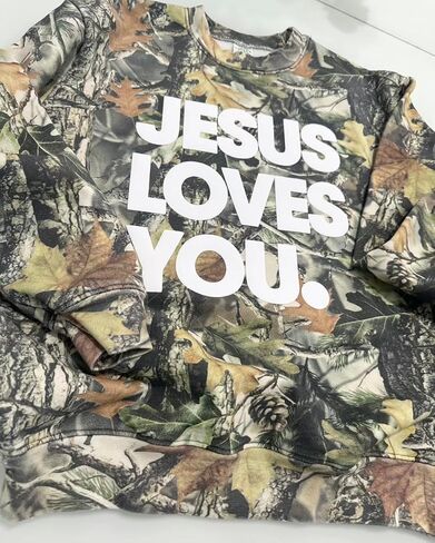 Jesus Loves You Camo Vintage Sweatshirt – Puff Print | Oversized Christian Streetwear in Saudi Arabia