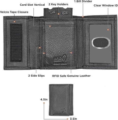 محفظة رجالية ثلاثية الطي حماية RFID من الجلد الطبيعي محفظة ثلاثية الطي حامل مفاتيح حافظة بطاقات إغلاق ويلكرو (J133، أسود) in Kuwait