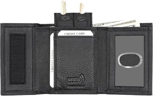 محفظة رجالية ثلاثية الطي حماية RFID من الجلد الطبيعي محفظة ثلاثية الطي حامل مفاتيح حافظة بطاقات إغلاق ويلكرو (J133، أسود) in Kuwait