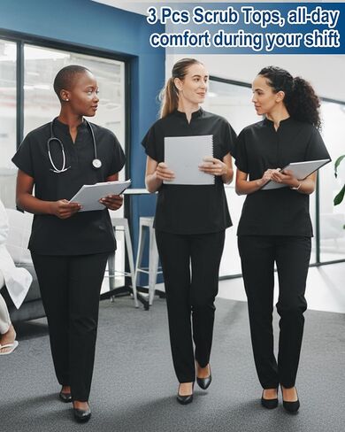 3 Pack Women's Scrub Healthcare Top, L Medical Soft Stretch Tops with Pockets, Breathable Healthcare Tee Shirt Style Uniforms, Black in Saudi Arabia