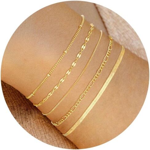 أساور مطلية بالذهب عيار 14 قيراط من NECOCY للنساء مقاومة للماء، مجموعات مجوهرات ذهبية عصرية رفيعة وأنيقة وقابلة للتكديس على شكل مشبك ورق سلسلة سوار حزمة إكسسوارات عصرية هدايا للنساء in Kuwait