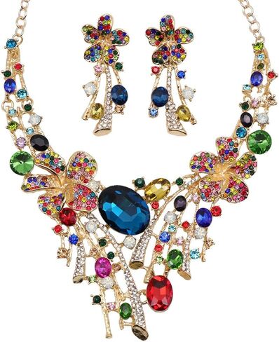 Crystal Flower Jewelry Set for Bride Colorful Statement Necklace & Earrings, Vintage Bridal Accessories for Weddings, Evening Parties Ball Gown, and Formal Event Outfits in Saudi Arabia