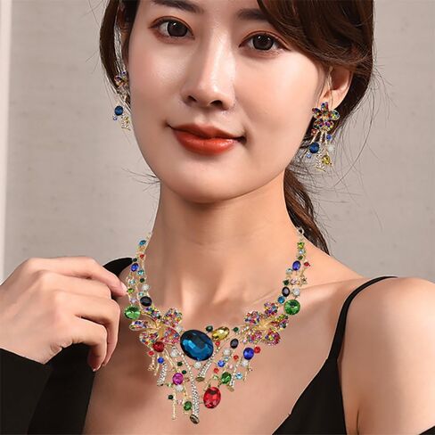 Crystal Flower Jewelry Set for Bride Colorful Statement Necklace & Earrings, Vintage Bridal Accessories for Weddings, Evening Parties Ball Gown, and Formal Event Outfits in Saudi Arabia