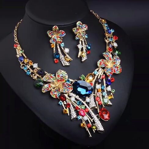 Crystal Flower Jewelry Set for Bride Colorful Statement Necklace & Earrings, Vintage Bridal Accessories for Weddings, Evening Parties Ball Gown, and Formal Event Outfits in Saudi Arabia