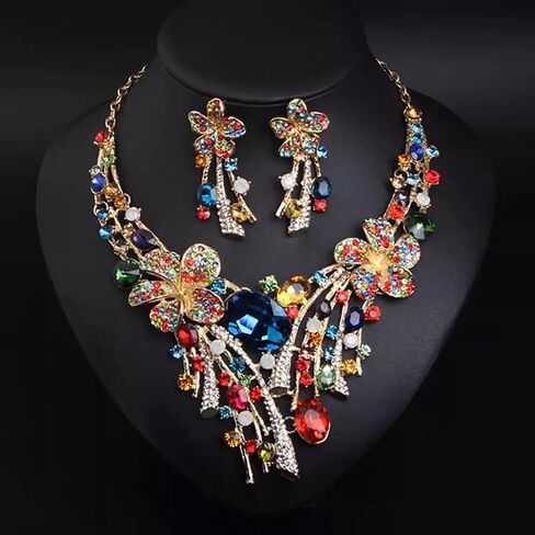 Crystal Flower Jewelry Set for Bride Colorful Statement Necklace & Earrings, Vintage Bridal Accessories for Weddings, Evening Parties Ball Gown, and Formal Event Outfits in Saudi Arabia