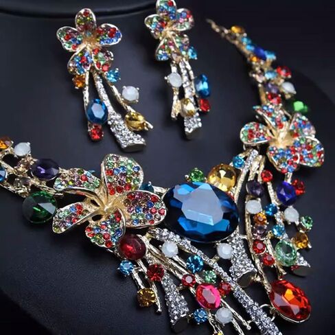 Crystal Flower Jewelry Set for Bride Colorful Statement Necklace & Earrings, Vintage Bridal Accessories for Weddings, Evening Parties Ball Gown, and Formal Event Outfits in Saudi Arabia