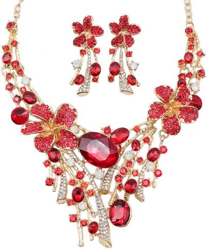 Crystal Flower Jewelry Set for Bride Colorful Statement Necklace & Earrings, Vintage Bridal Accessories for Weddings, Evening Parties Ball Gown, and Formal Event Outfits in Saudi Arabia