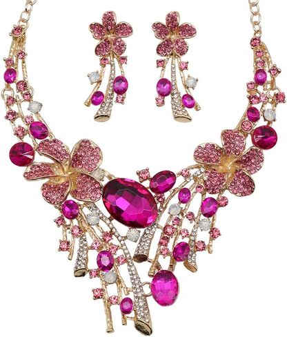 Crystal Flower Jewelry Set for Bride Colorful Statement Necklace & Earrings, Vintage Bridal Accessories for Weddings, Evening Parties Ball Gown, and Formal Event Outfits in Saudi Arabia