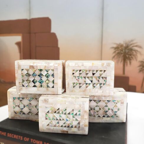 Egyptian Wooden Jewelry Box with Mother of Pearl Inlaid - White Rectangle Unique Gift Container - Arabesque Pattern Design - Velvet Lined - Made in Egypt in Saudi Arabia